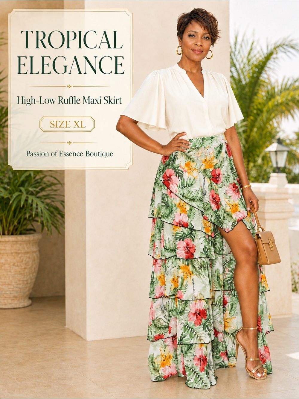 Tropical Ruffle High-Low Maxi Skirt – Island Vibes Floral Print